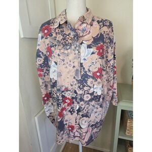 Wendy Trendy Blouse Womens O/S Balloon Top Pink Floral Italy 1/4 Button Cotton